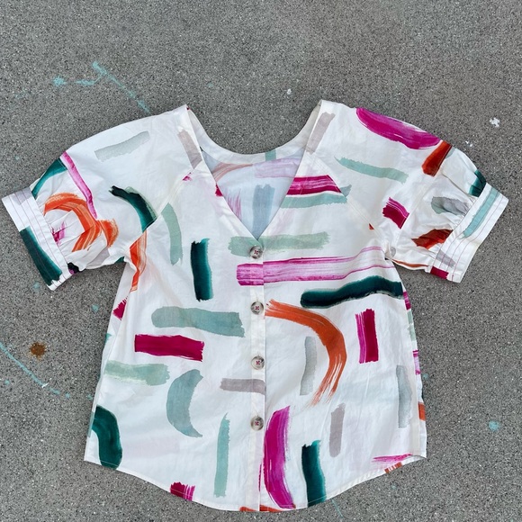 Anthropologie Aimee Clarke XS cotton blouse paint brush design buttons cottage - Picture 9 of 10